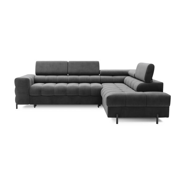 Sötétszürke bársony kinyitható-tárolóhelyes sarokkanapé (jobb oldali-L alakú) Ferucce – ELTAP
