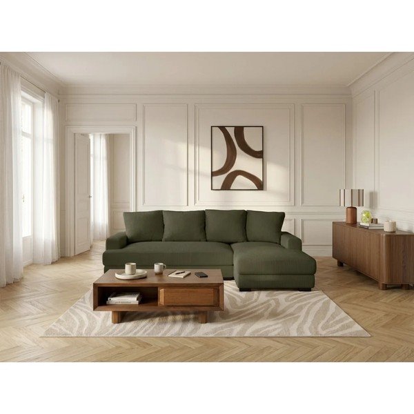 Zöld kordbársony kinyitható-tárolóhelyes sarokkanapé (jobb oldali-heverő résszel) Campi – Bobochic Paris-image-1