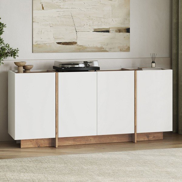 Fehér komód kábellyukkal borovi fenyő dekorral 180x80x45 cm Dorma – Kalune Design-image-3