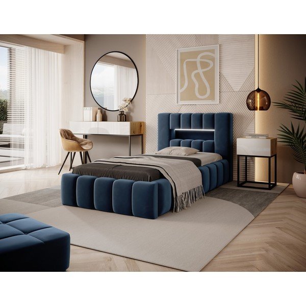 Sötétkék kárpitozott ágyneműtartós egyszemélyes ágy ágyráccsal 90x200 cm Lamica – ELTAP-image-1