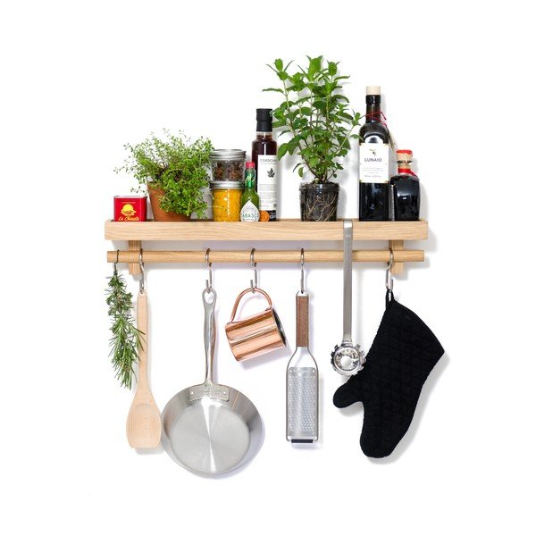 Konyhai eszköztároló tölgyfa polc akasztókkal - Wireworks-image-1
