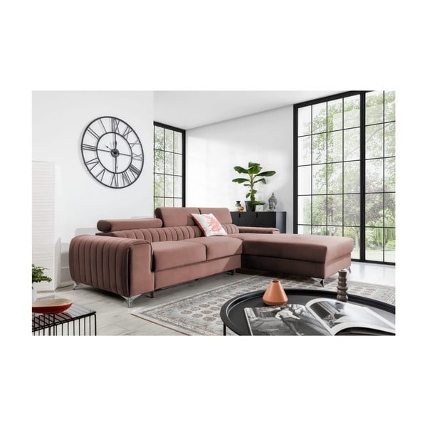 Rózsaszín bársony kinyitható-tárolóhelyes sarokkanapé (jobb oldali-heverő résszel) Grayson – ELTAP-image-1