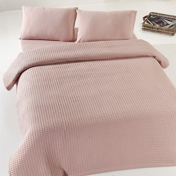 Dusty Rose Pique bézses rózsaszín kétszemélyes pamut ágytakaró, 190 x 225 cm