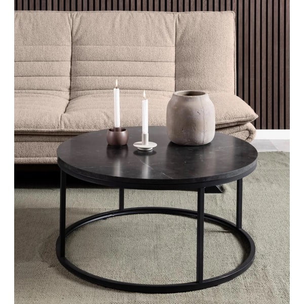 Fekete kerek dohányzóasztal márvány dekoros asztallappal ø 80 cm Spiro – Actona-image-1