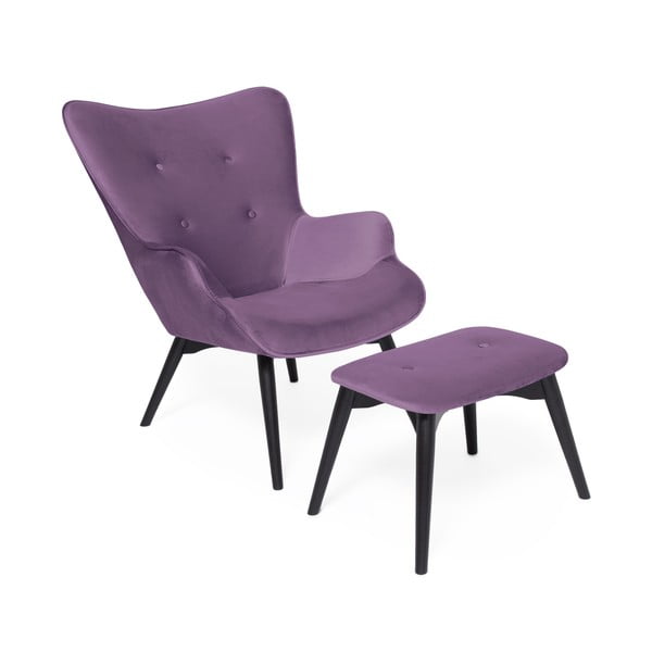 Cora Velvet lila fotel és lábtartó, fekete lábszerkezet - Vivonita