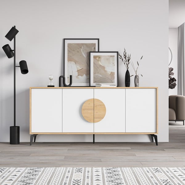 Fehér-natúr színű alacsony komód tölgyfa dekorral 180x82 cm Vae – Marckeric-image-3