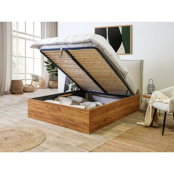 Bézs-natúr színű franciaágy tárolóhellyel, ágyráccsal 160x200 cm Cara – Bobochic Paris-image-4