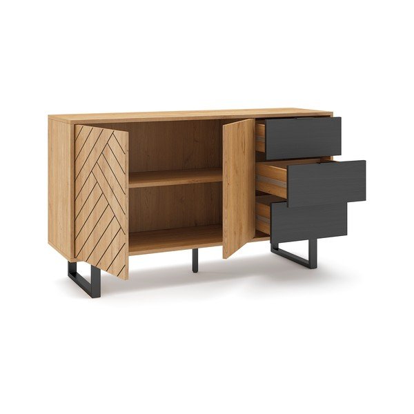 Antracitszürke-natúr színű alacsony komód tölgyfa dekorral 140x80 cm Madona – Marckeric-image-4