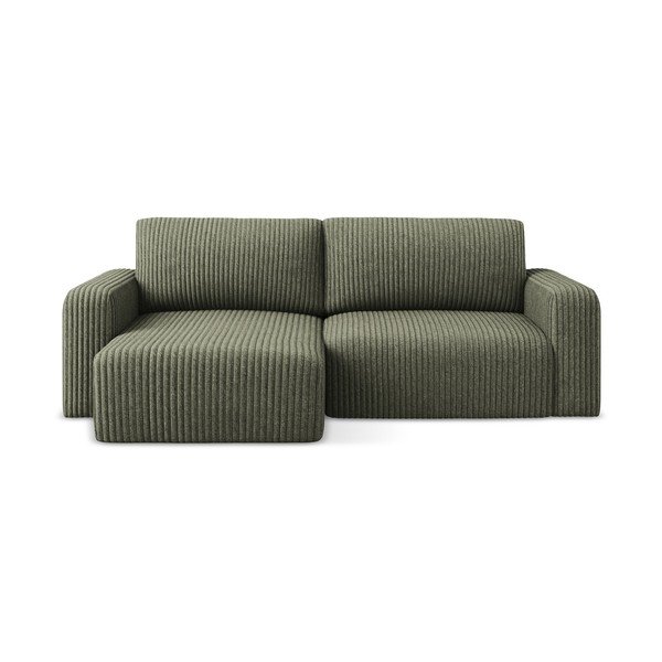 Zöld kordbársony kinyitható-tárolóhelyes sarokkanapé (bal oldali-heverő résszel) Kona – Makamii