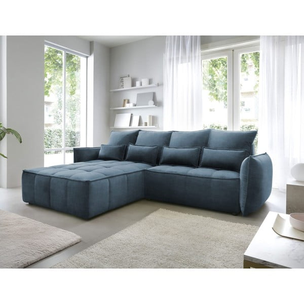Kék bársony kinyitható-tárolóhelyes sarokkanapé (bal oldali-heverő résszel) Campo – ELTAP-image-1