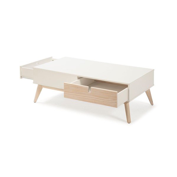 Kiara fehér dohányzóasztal 2 fiókkal és borovi fenyőfa lábakkal - Marckeric-image-4