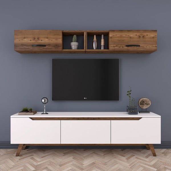 Rani fehér TV-állvány és fali szekrény diófa dekorral