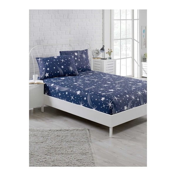Clementino Starro kék elasztikus lepedő és 2 párnahuzat szett egyszemélyes ágyhoz, 160 x 200 cm