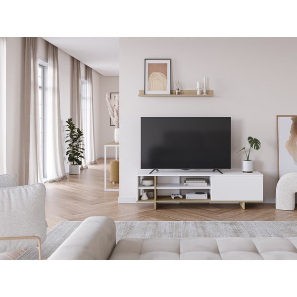 Fehér TV-állvány tölgyfa dekorral 160x44 cm Cequoia – Marckeric-image-1