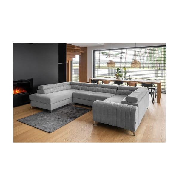Világosszürke kinyitható-tárolóhelyes sarokkanapé (bal oldali-U alakú) Louis – ELTAP-image-1