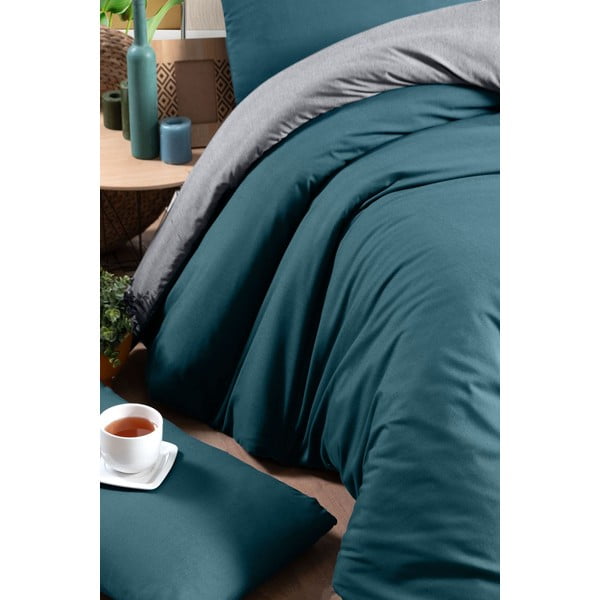 Petróleumkék-szürke egyszemélyes-hosszabbított pamut ágyneműhuzat lepedővel 160x220 cm – Mila Home-image-2