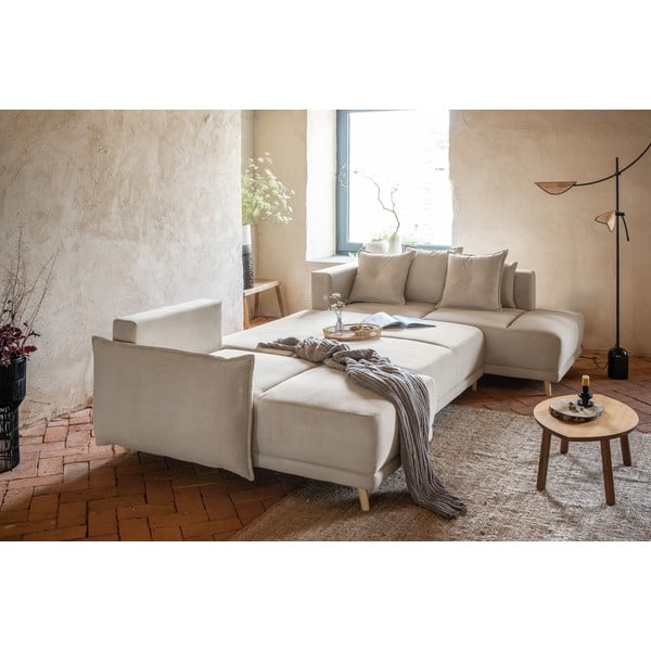 Bézs kordbársony kinyitható sarokkanapé (jobb oldali-U alakú) Lazy Lukka – Miuform-image-4