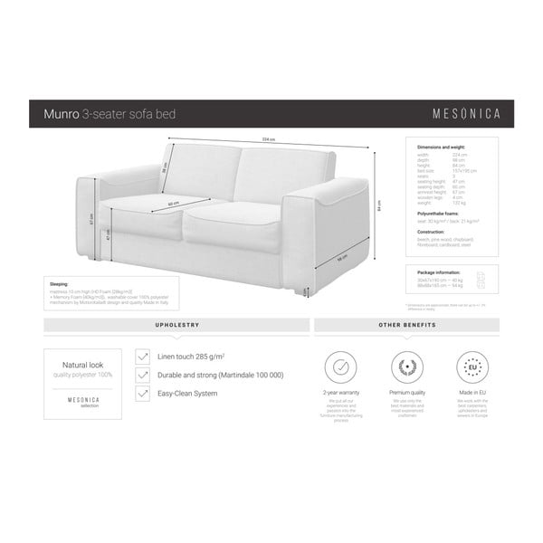 Munro szürke kinyitható kanapé, 224 cm - MESONICA-image-4
