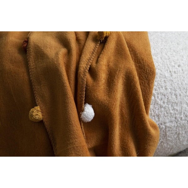 Mustársárga fleece ágytakaró 150x200 cm Pom Pom – Mijolnir-image-2