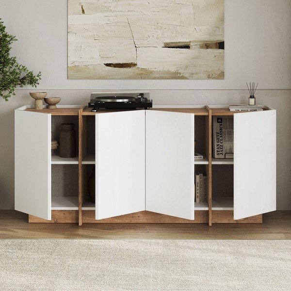 Fehér komód kábellyukkal borovi fenyő dekorral 180x80x45 cm Dorma – Kalune Design-image-2