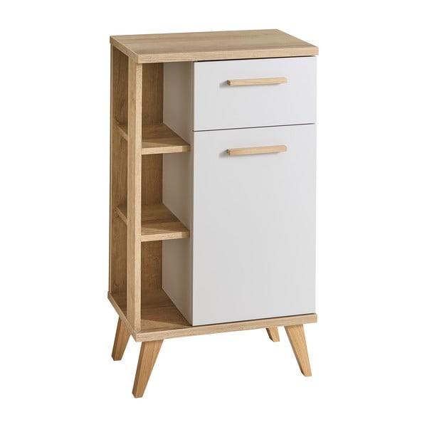 Krémszínű-natúr színű alacsony fürdőszoba szekrény tölgyfa dekorral 50,5x89,5 cm Quickset 966 – Pelipal