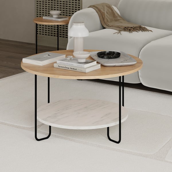 Natúr színű kerek dohányzóasztal tölgyfa dekoros asztallappal ø 80 cm Tonka – Marckeric-image-4