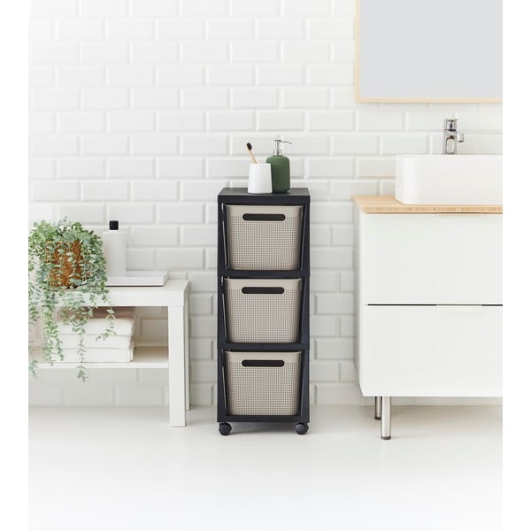 Fekete-bézs műanyag gurulós polcos állvány 30x77 cm Brisen - Rotho-image-3