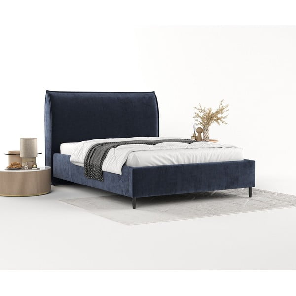 Sötétkék kárpitozott ágyneműtartós franciaágy ágyráccsal 180x200 cm Shell – Maison de Rêve-image-1