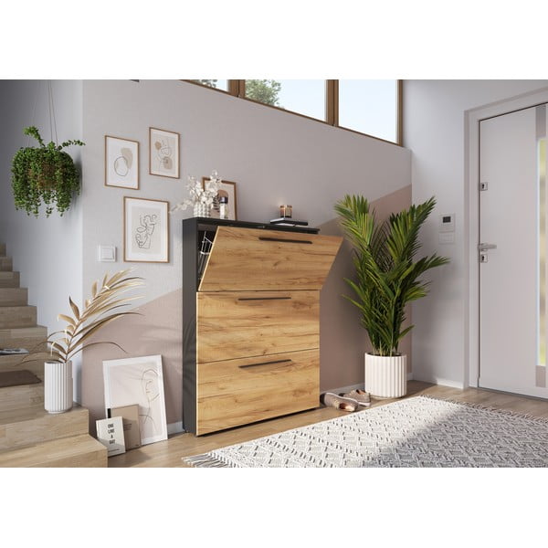 Sötétszürke billenő fiókos cipőtartó tölgyfa dekorral Wildomar - Germania-image-4