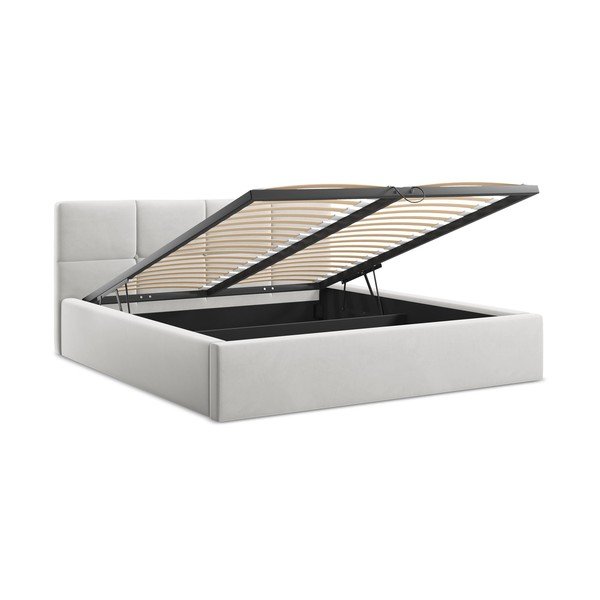 Világosszürke bársony kárpitozott ágyneműtartós franciaágy ágyráccsal 140x200 cm Hiko – Makamii-image-2