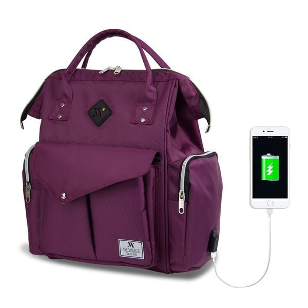 HAPPY MOM Baby Care Backpack lila hátizsák anyukáknak USB csatlakozóval - My Valice