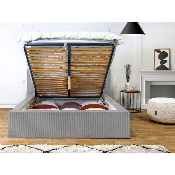 Világosszürke kárpitozott franciaágy tárolóhellyel, ágyráccsal 160x200 cm Nihad – Bobochic Paris-image-4