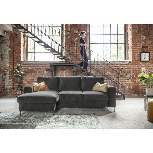 Lofty Lilly sötétszürke kinyitható bársony sarokkanapé, bal oldali - Miuform-image-4