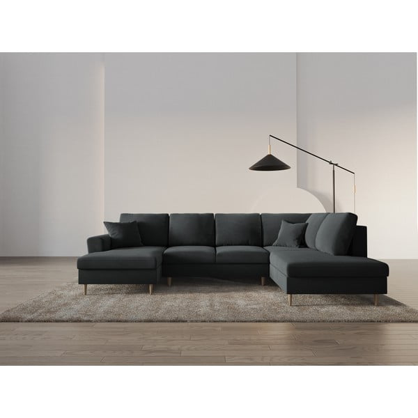 Sötétszürke bársony kinyitható tárolóhelyes sarokkanapé (jobb oldali-U alakú) Kyoto – Cosmopolitan Design-image-2