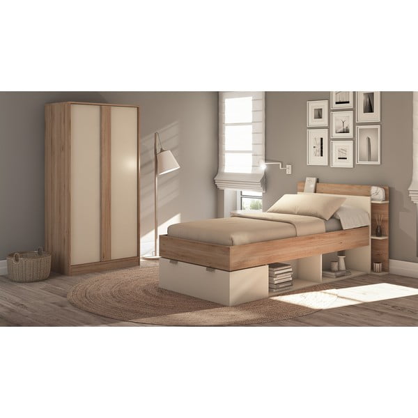 Krémszínű-natúr színű ruhásszekrény tölgyfa dekorral 90x180x53 cm Dennis – Marckeric-image-1