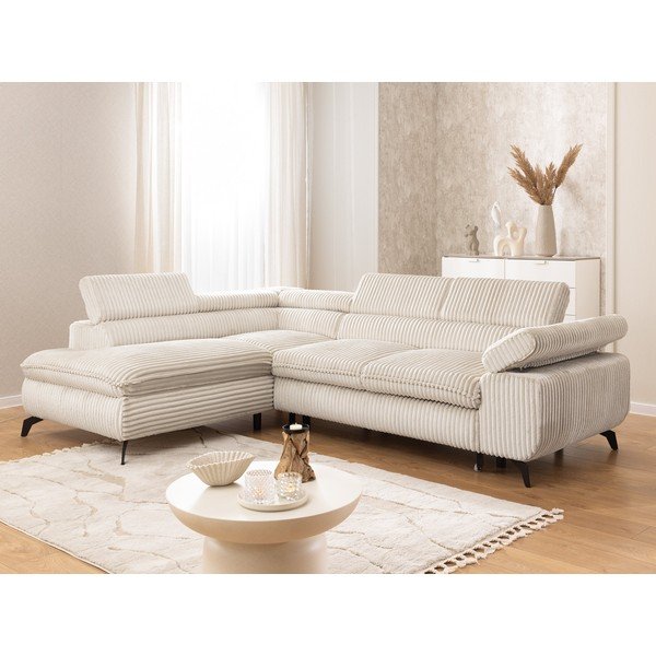 Krémszínű kordbársony sarokkanapé (bal oldali-L alakú) Marbeya  – Ropez-image-1