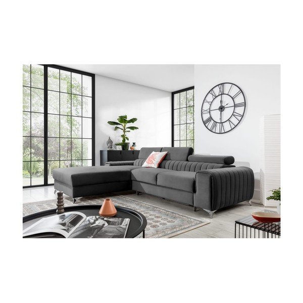 Sötétszürke bársony kinyitható-tárolóhelyes sarokkanapé (bal oldali-heverő résszel) Grayson – ELTAP-image-1