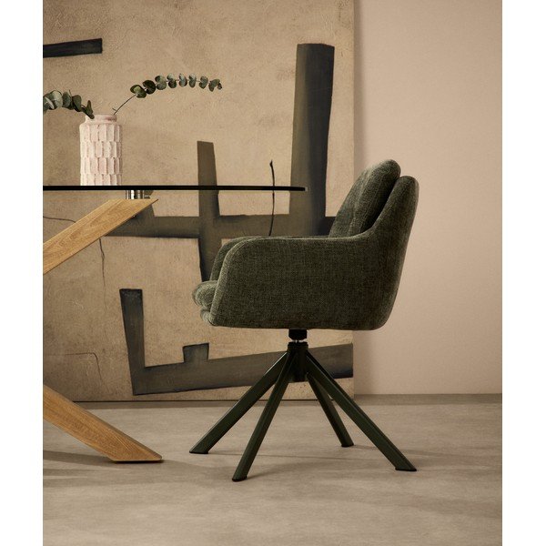 Sötétzöld kárpitozott karfás étkezőfotel Lexa – Kave Home-image-1