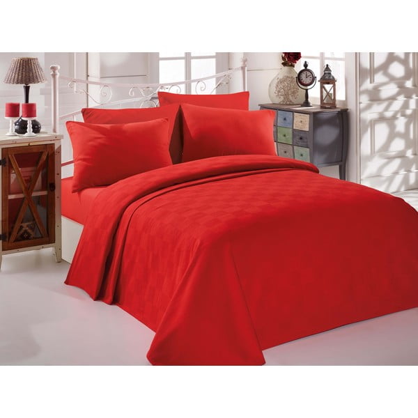 InColor Red piros kétszemélyes pamut ágytakaró, lepedő és párnahuzat szett, 160 x 235 cm - EnLora Home