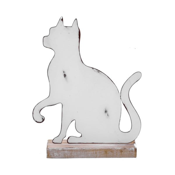 Kicsi fehér macska formájú fém dekoráció fa talpazattal, 15 x 19,5 cm - Ego Dekor