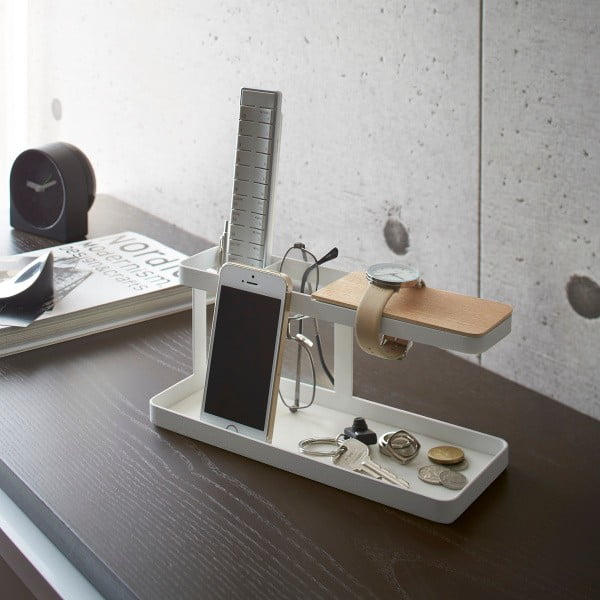 Tower Desk Bar fehér multifunkciós állvány bükkfa részletekkel - YAMAZAKI-image-1