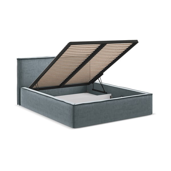 Világoskék kárpitozott ágyneműtartós franciaágy ágyráccsal 160x200 cm Anani – Makamii-image-3