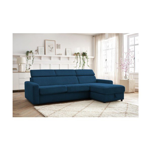 Sötétkék kordbársony kinyitható sarokkanapé (variálható) Monaco – Bobochic Paris-image-1