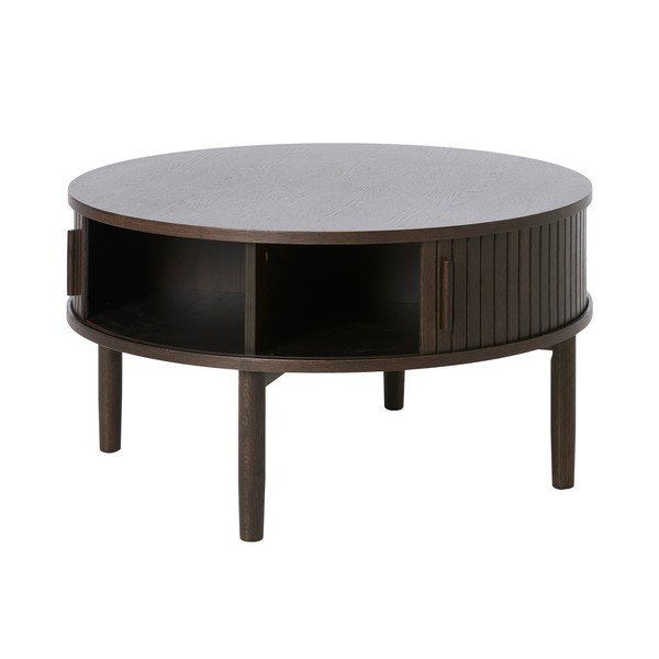 Sötét natúr színű kerek dohányzóasztal tölgyfa dekorral ø 85 cm Meta – Unique Furniture-image-3