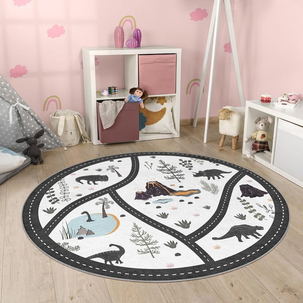 Fekete-fehér mosható gyerek játszószőnyeg ø120 cm Dino Park – Mila Home-image-3