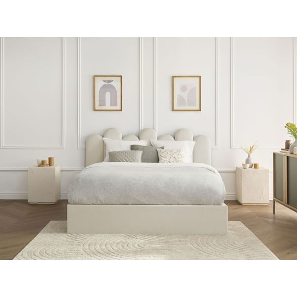 Bézs kárpitozott ágyneműtartós franciaágy ágyráccsal 160x200 cm Badja – Bobochic Paris-image-1