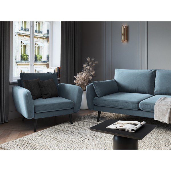 Lento világoskék bársony fotel fekete lábakkal - Kooko Home-image-1