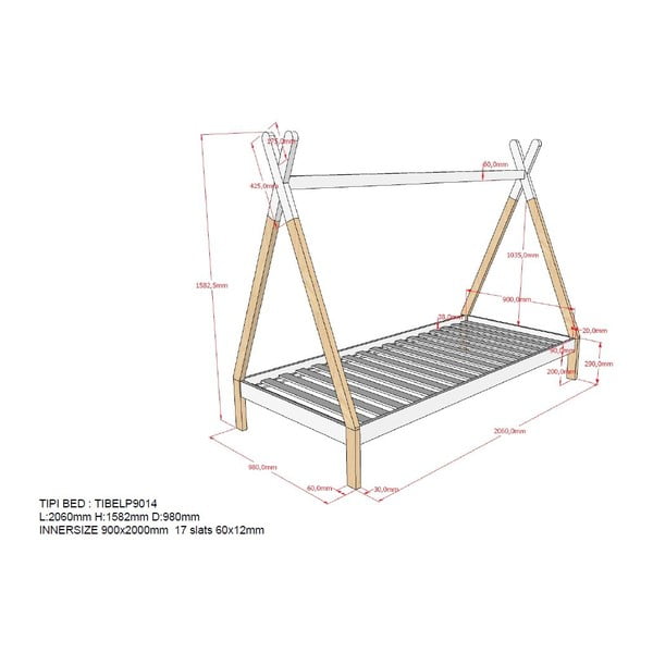 Fehér-natúr színű házikó alakú gyerekágy 90x200 cm Tipi – Vipack-image-4
