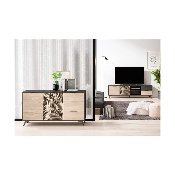 Fekete alacsony komód tölgyfa dekorral 136x81 cm Palmera - Marckeric-image-4