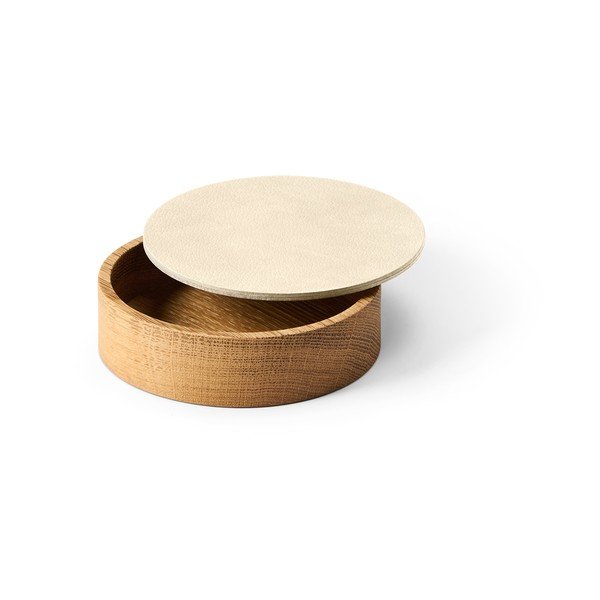 Krémszínű-natúr színű fedeles-dekoratív fa-öko bőr tárolódoboz ø 11x3,5 cm Circle Nupo – LIND DNA-image-1